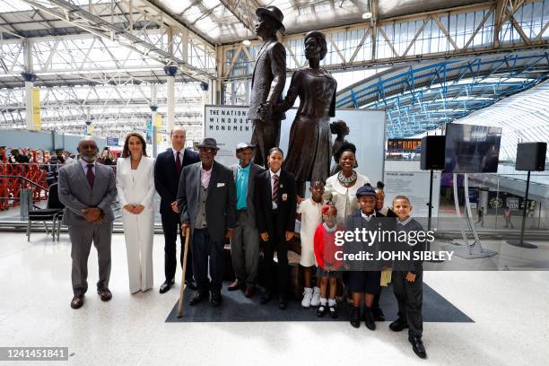 Britain's Prince William , Duke of Cambridge, Britain's Catherine , Duchess of Cambridge, Baroness Floella Benjamin , Windrush passengers Alford...