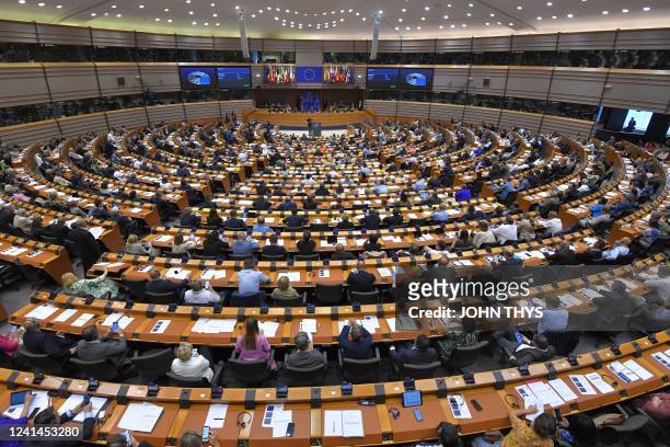Euro-deputies take part in a vote on the revision of the EU emissions trading system at the European Union Parliament in Brussels on June 22, 2022.