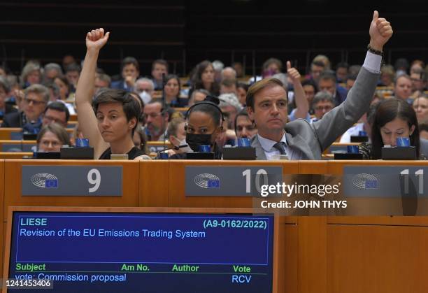 Euro-deputies take part in a vote on the revision of the EU emissions trading system at the European Union Parliament in Brussels on June 22, 2022.