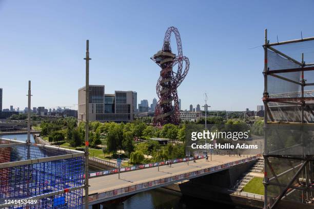 View of the ArcelorMittal Orbit tower from Sadlers Wells East construction site at Olympic Park on June 22, 2022 in London, England. Sadler's Wells,...