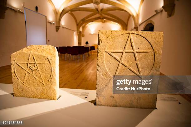 Gravestones with Pentacles in an exhibiton room in the Convent of Christ in Tomar, Portugal on June 21, 2022. Founded first in 1118 from the Grand...