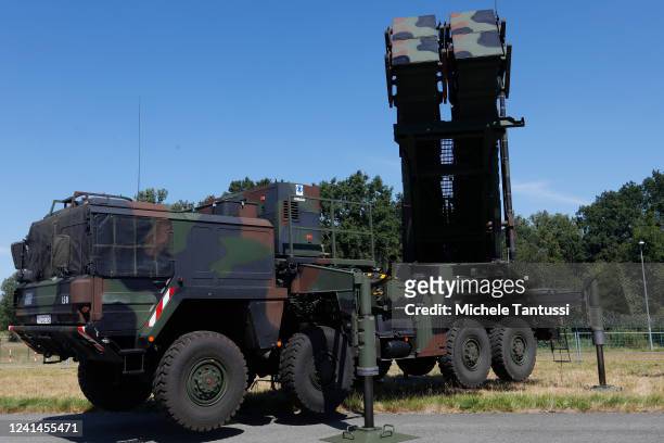 Patriot anti aircraft missile launcher Vehicle stands on display on the first day of the ILA Berlin 2022 air show on June 22, 2022 in Schoenefeld,...