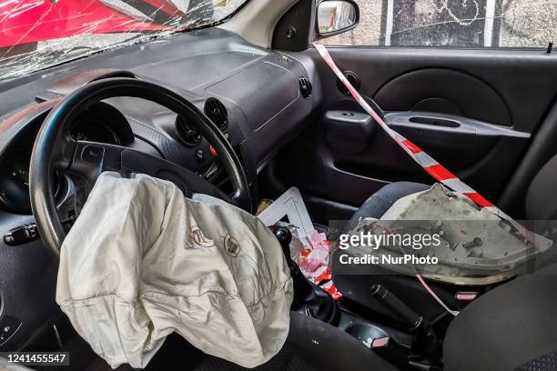 Deployed airbag is seen inside a car after a car accident. Krakow, Poland. June 21, 2022.