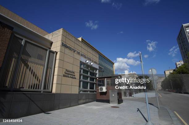 View of the square where US Embassy building is located is seen after Moscow Municipality changed the name of the square as so-called Donetsk...