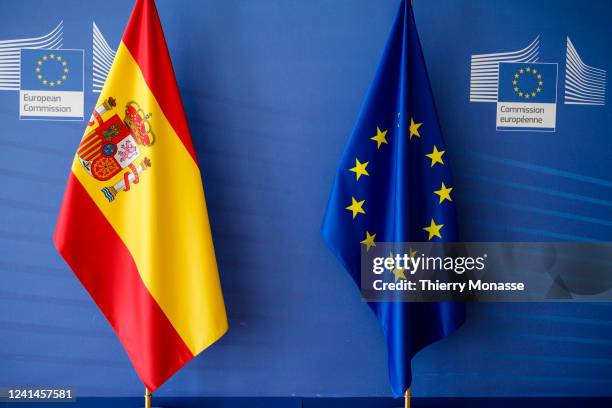 Spanish and EU flags are seen prior a bilateral meeting in the Berlaymont, the EU Commission headuarter on June 22, 2022 in Brussels, Belgium.