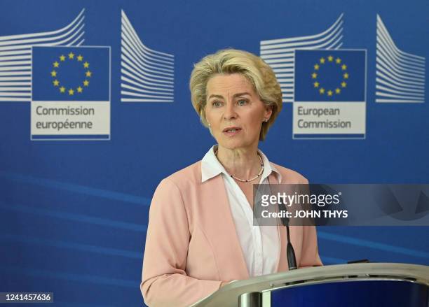 European Commission President Ursula von der Leyen speaks give a statement with Spanish Prime Minister on a new initiative for vaccine cooperation...