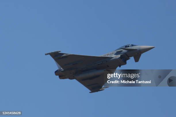 Eurofighter flies on the first day of the ILA Berlin 2022 air show on June 22, 2022 in Schoenefeld, Germany. This year's is the first ILA to be held...