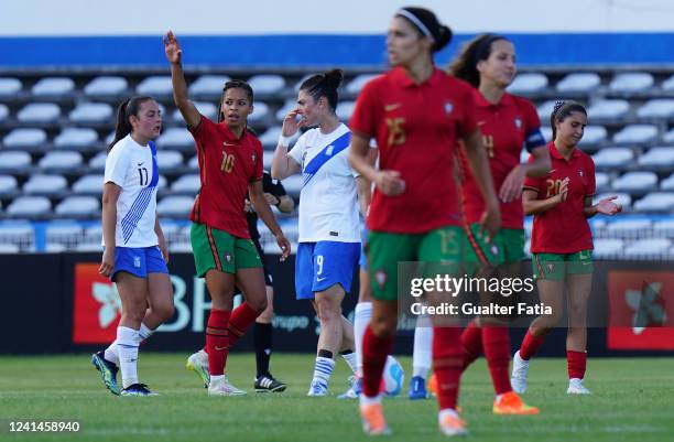 Jessica Silva of Portugal celebrates after scoring a goal during the International Women´s Friendly match between Portugal and Greece at Estadio do...