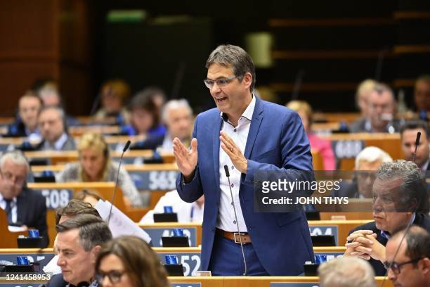 Germany's European Parliament Member Peter Liese gestures during a vote on the revision of the EU emissions trading system at the European Union...