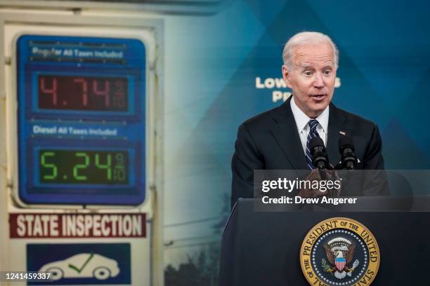 President Joe Biden speaks about gas prices in the South Court Auditorium at the White House campus on June 22, 2022 in Washington, DC. Biden called...