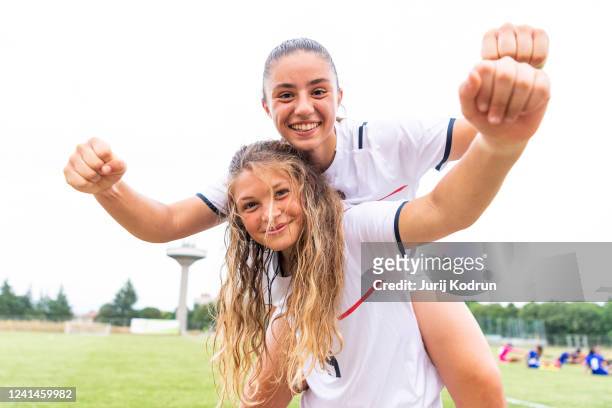 Manuela Sciabica and Elena Cristina Pizzuti of Italy pose after the Under 16 Female Football Tournament match between Italy Women U16 v India Women...
