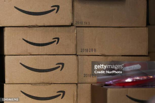Amazon Prime logo is seen on cardboard packages in a shop in Krakow, Poland on June 22, 2022.