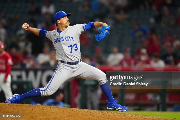 Daniel Mengden of the Kansas City Royals pitches during the game between the Kansas City Royals and the Los Angeles Angels at Angel Stadium on...