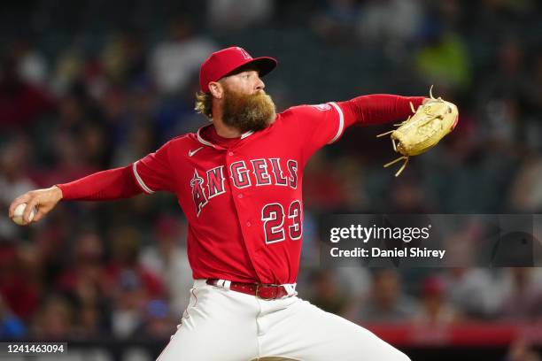 Archie Bradley of the Los Angeles Angels pitches during the game between the Kansas City Royals and the Los Angeles Angels at Angel Stadium on...