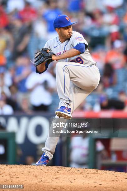New York Mets pitcher Edwin Diaz throws a pitch during the MLB game between the New York Mets and the Los Angeles Angels of Anaheim on June 12, 2022...