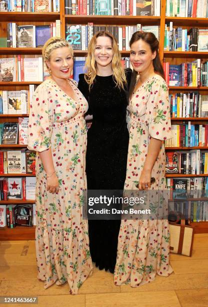 Natalie Rushdie, Talulah Riley and Sophie Winkleman attend the launch of new novel "The Quickening" by Talulah Riley at Daunt Books on June 22, 2022...