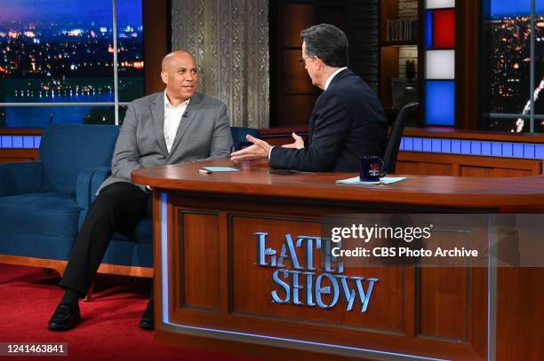 The Late Show with Stephen Colbert and guest Senator Cory Booker during Mondays June 20, 2022 show.