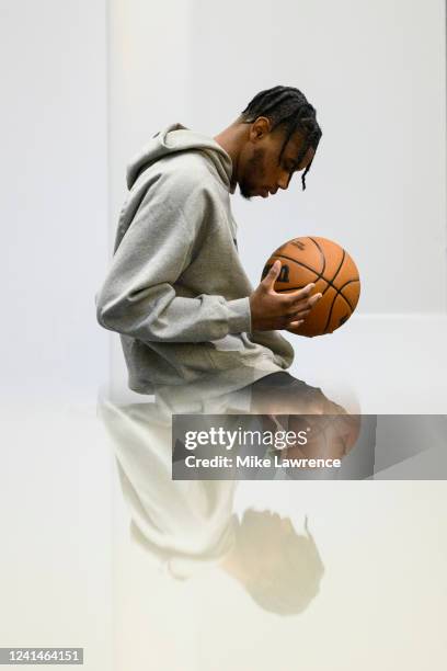 New York, NY A behind the scenes photo of NBA Draft Prospect, Blake Wesley waiting to take a portrait during media availability and circuit as part...