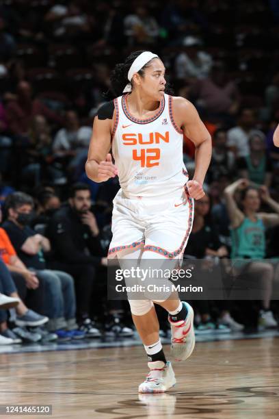 Brionna Jones of the Connecticut Sun looks on during the game against the New York Liberty on June 22, 2022 at Mohegan Sun Arena in Uncasville,...