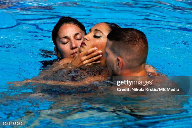 Anita Alvarez of USA receives medical attention her performance competes in the Women Solo Free Final on day six of the Budapest 2022 FINA World...