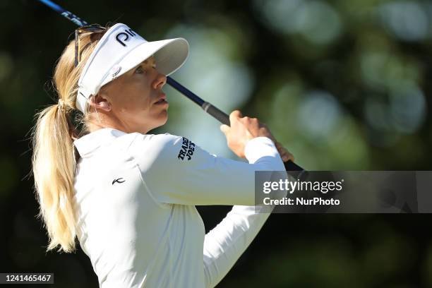 Pernilla Lindberg of Sweden tees off on the 10th tee during the final round of the Meijer LPGA Classic for Simply Give golf tournament at Blythefield...