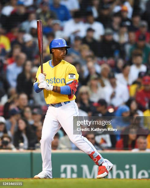 Jeter Downs of the Boston Red Sox in his first career at bat in the third inning against the Detroit Tigers at Fenway Park on June 23, 2022 in...