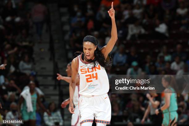 DeWanna Bonner of the Connecticut Sun celebrates during the game against the New York Liberty on June 22, 2022 at Mohegan Sun Arena in Uncasville,...