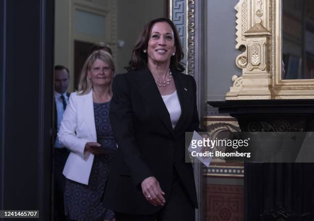 Vice President Kamala Harris arrives to a ceremony with Scott Miller, US ambassador to Switzerland And Liechtenstein, in the Vice Presidents...
