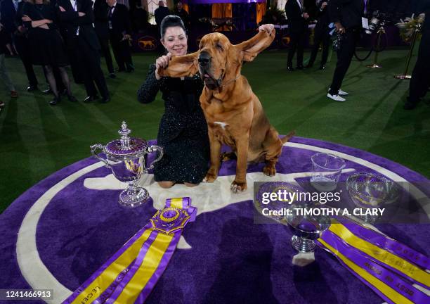 Trumpet the bloodhound poses with breeder and handler Heather Buehner after winning Best in Show at the 146th Westminster Kennel Club Dog Show at the...