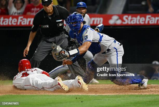 Los Angeles Angels shortstop Andrew Velazquez slides in safely to home plate under the tag of Kansas City Royals catcher MJ Melendez in the seventh...