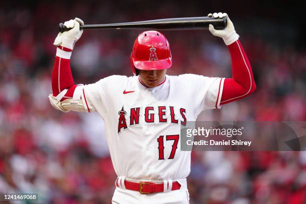 Shohei Ohtani of the Los Angeles Angels reacts during an at bat during the game between the Kansas City Royals and the Los Angeles Angels at Angel...