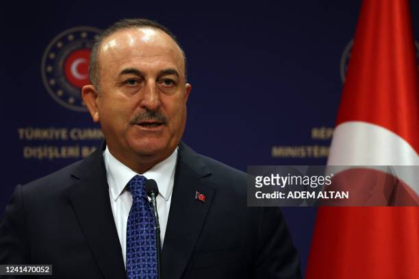 Turkey's Foreign Minister Mevlut Cavusoglu gives a joint press conference with Britain's Foreign Secretary at the Ministry of Foreign Affairs in...
