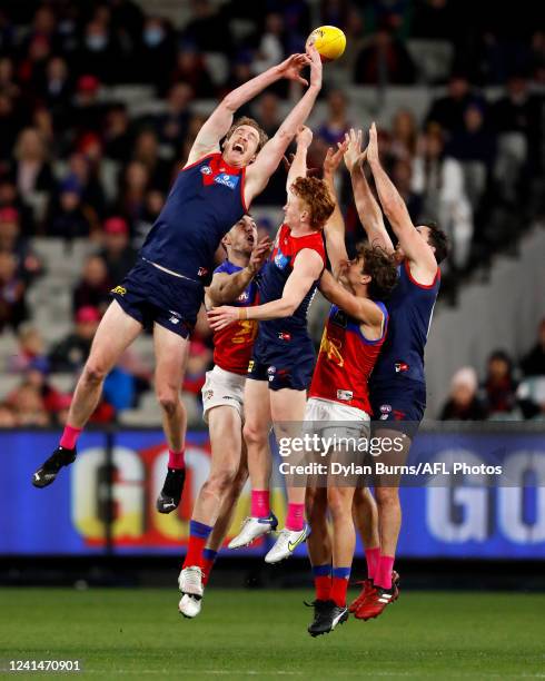 Harrison Petty of the Demons, Daniel McStay of the Lions, Jake Bowey of the Demons, Deven Robertson of the Lions and Michael Hibberd of the Demons...