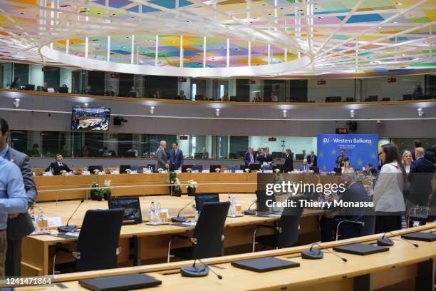 And Western Balkans leaders attend an EU Western Balkans summit in the Europa building, the EU Council headquarter on June 23, 2022 in Brussels,...