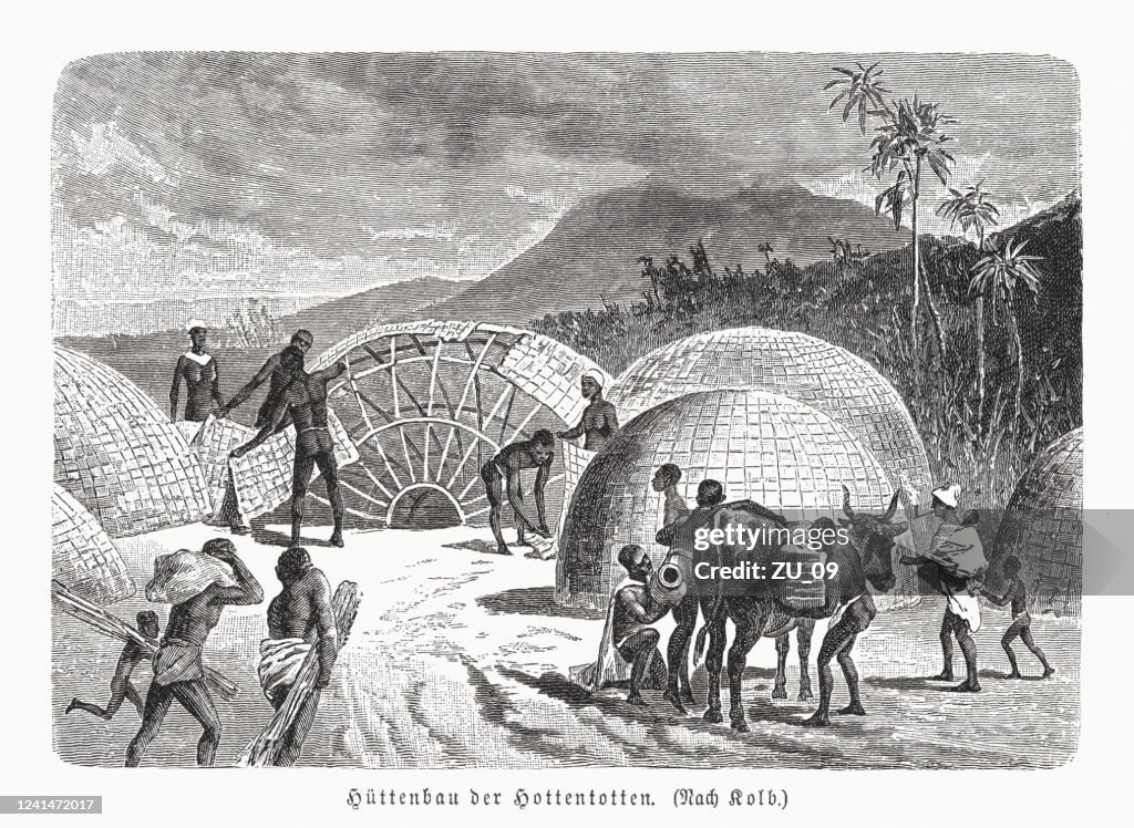 Hottentot (Khoikhoi) kraal in Southern Africa, wood engraving, published 1891