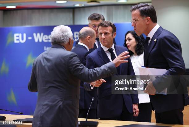 French President Emmanuel Macron , Dutch Prime Minister Mark Rutte and Portuguese Prime Minister Antonio Costa attend the EU Western Balkans meeting...