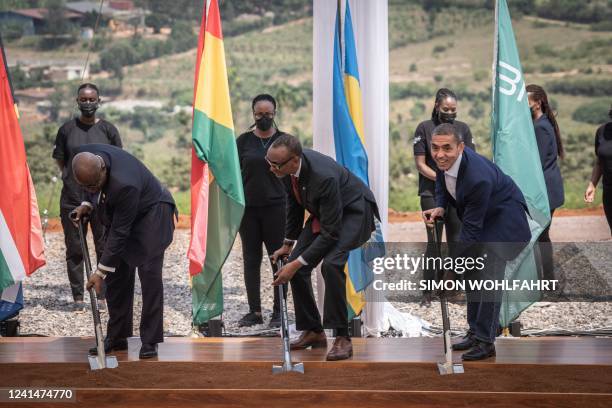 Akufo-Addo President of Ghana , Paul Kagame president of Rwanda, Ugur Sahin CEO of BioNtech break the ground to mark the beginning of the...