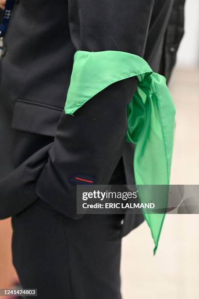 Illustration shows a green tissue of a worker on strike at the departure hall of Brussels Airport, in Zaventem, Thursday 23 June 2022. Pilots and...