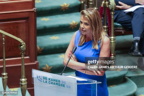 Open Vld's Goedele Liekens pictured during a plenary session of the Chamber at the Federal Parliament in Brussels, Thursday 23 June 2022. BELGA PHOTO...