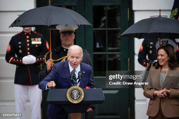 President Joe Biden speaks during an event with members of the Wounded Warrior Project's Soldier Ride, on the South Lawn at the White House June 23,...