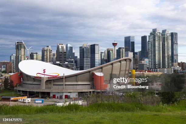 The Scotiabank Saddledome in front of downtown Calgary, Alberta, Canada, on Monday, June 20, 2022. Calgary, surrounded by fields of oil, natural gas,...