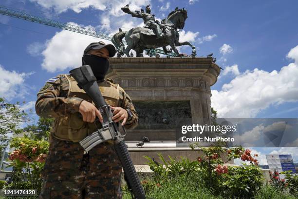 Soldier patrols the San Salvador Historical Center on June 22, 2022 in San Salvador, El Salvador. The Salvadoran government through the Salvadoran...