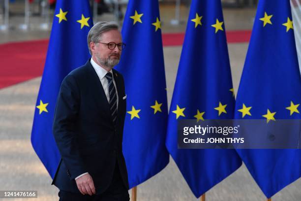 Czech Prime Minister Petr Fiala arrives for the EU-Western Balkans leaders' meeting in Brussels on June 23, 2022. - The European Union, which at a...