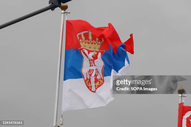 The flag of Serbia seen in the gallery of flags of the participating countries in the framework of St. Petersburg International Economic Forum 2022 .