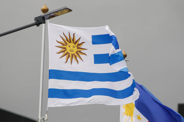 The flag of Uruguay seen in the gallery of flags of the participating countries in the framework of St. Petersburg International Economic Forum 2022 .