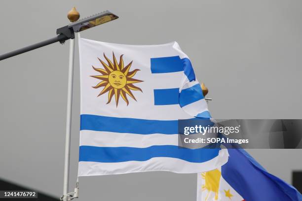 The flag of Uruguay seen in the gallery of flags of the participating countries in the framework of St. Petersburg International Economic Forum 2022 .