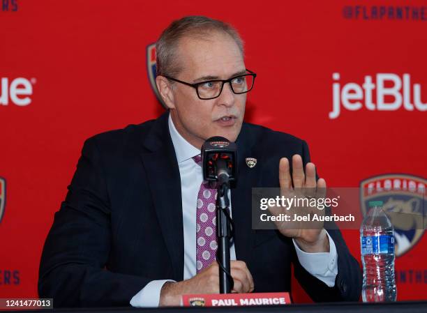 Paul Maurice speaks to the media after being introduced as the new head coach of the Florida Panthers at the FLA Live Arena on June 23, 2022 in...