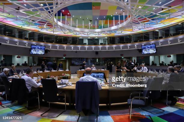 Leaders of the European Union during a round-table session on day one of the EU leaders summit at the European Council headquarters in Brussels,...
