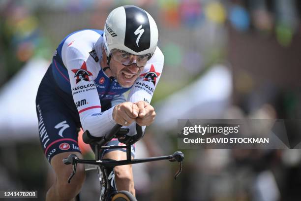 Belgian Dries Devenyns of Quick-Step Alpha Vinyl pictured in action during the men's elite individual time trial race of 35km at the Belgian...