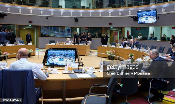 Leaders attend an EU summit in the Europa building, the EU Council headquarter on June 23, 2022 in Brussels, Belgium. During the meeting of the...